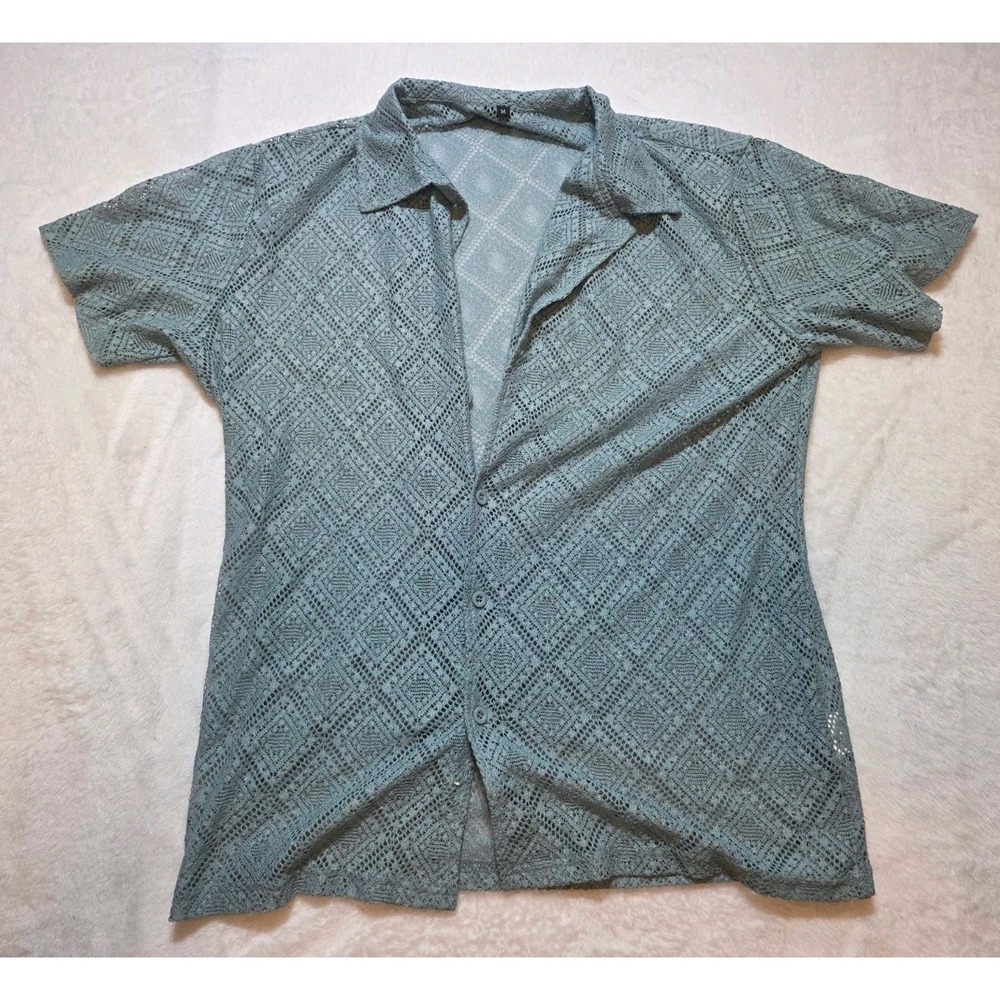 352 Men's M Blue Gray Textured Open Knit Short Sleeve Button Up Shirt